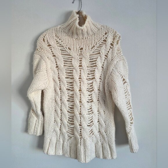 ZARA | Blogger Favorite Thick Cable Openwork Knit Turtleneck Sweater cream Sz S - Picture 3 of 6